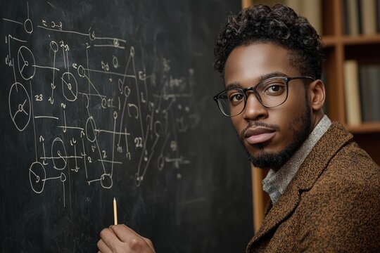 Focused physicist writing quantum mechanics equations on a chalkboard in a classroom filled with scientific resources