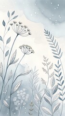 Serene Silver Plants: Delicate watercolor floral art in calming pastel grays. A tranquil, minimalist botanical scene.