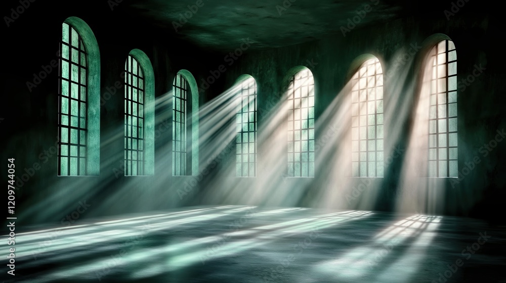 Poster sunlight streams through arched prison windows, creating captivating shadows in the cell