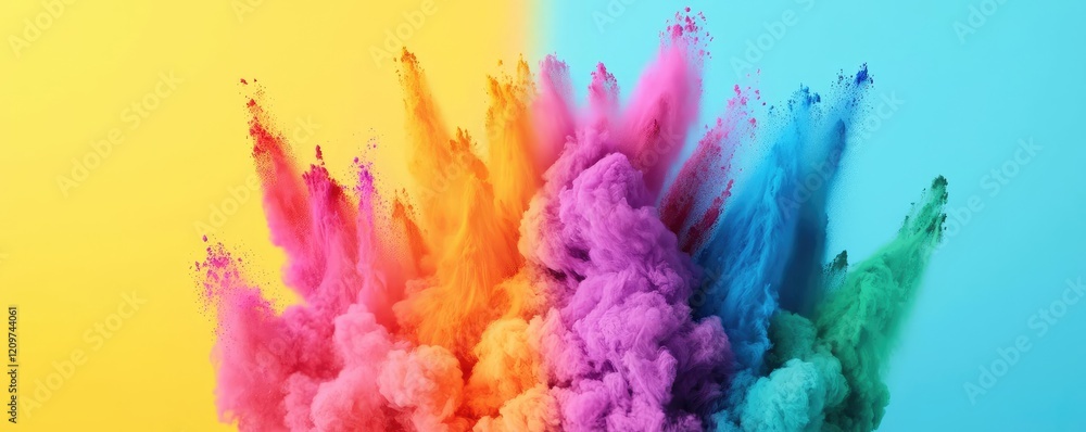 Poster rainbow holi concept. vibrant color powder explosion creating dynamic visual effects on a bright bac