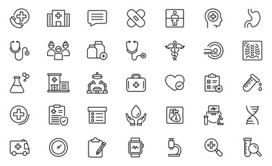 Medical and healthcare line icon set. Human organs, pills, treatment, first aid, medical instruments. Minimal thin line web icon set. Outline icons collection.
