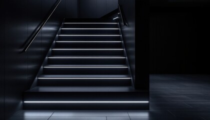 Fototapeta premium Modern dark staircase with led lighting in minimalist interior design