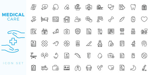 Medical and healthcare line icon set. Human organs, pills, treatment, first aid, medical instruments. Minimal thin line web icon set. Outline icons collection.