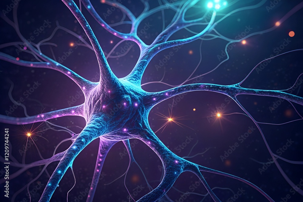 Poster glowing neural network: microscopic view of a neuron, vibrant colors, intricate structure. deep purp