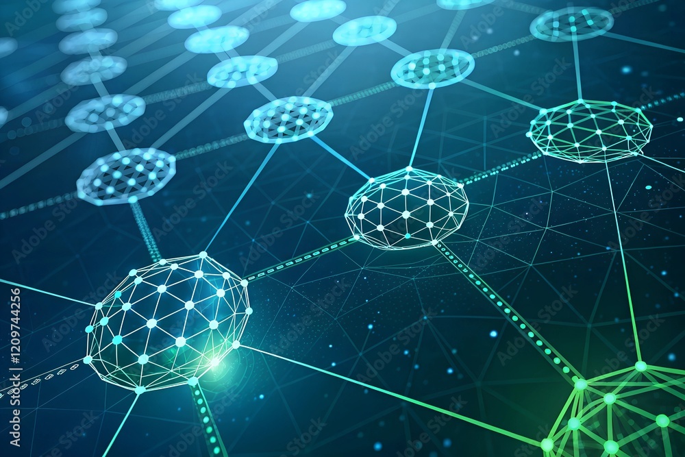 Poster interconnected ai nodes glow, a vibrant network of futuristic technology, symbolizing global connect