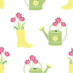 Vector seamless pattern with tulip flowers in rubber rain boots, watering cans. Hand drawn cute bright texture, backdrop for wrapping paper, textile. Topic of spring, gardening, blooming nature
