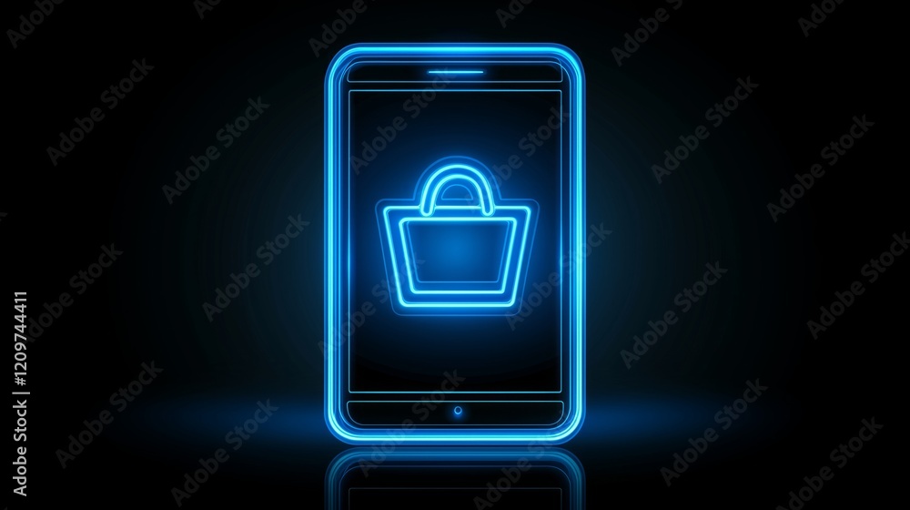 Poster floating glowing shopping bag icon displayed on a digital screen in a contemporary setting during ni