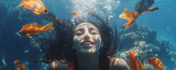 Joyful Woman Swimming Among Vibrant Coral and Fish