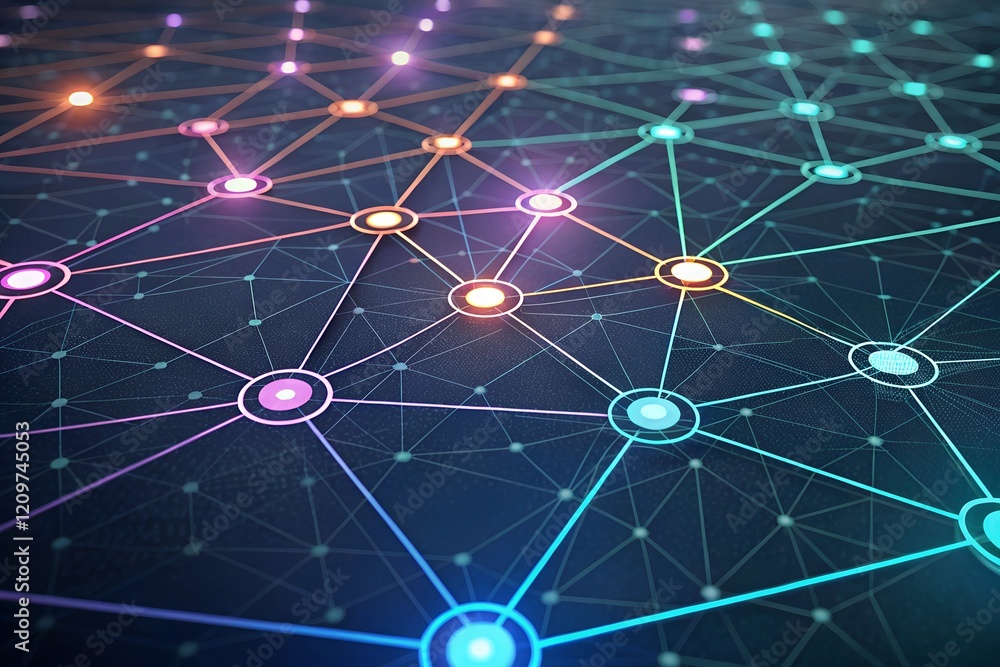 Poster glowing nodes connect, forming a vibrant digital network. a mesmerizing display of interconnectednes