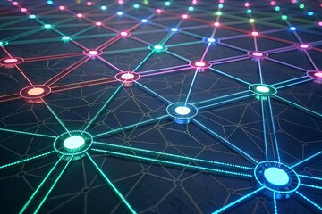 Illuminating Connections: A vibrant digital network pulses with neon energy, showcasing intricate node connections.