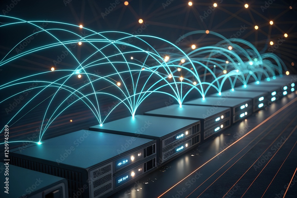 Poster glowing network: data streams connect servers in a futuristic, vibrant display of digital interconne