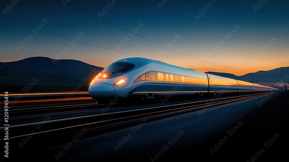 Aufkleber close-up view of high-speed train with mountains in the background showcasing speed and power at a t