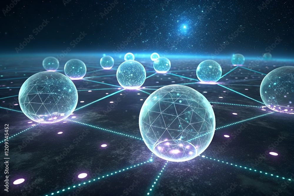 Poster interconnected data orbs float across a cosmic landscape, a mesmerizing display of digital networks.