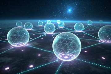Interconnected Data Orbs Float Across a Cosmic Landscape, a mesmerizing display of digital networks.