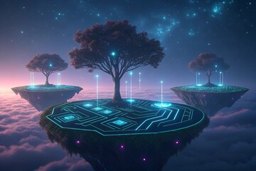 Ethereal islands float amidst clouds, glowing data circuits and trees illuminate the night sky. A futuristic dreamscape.