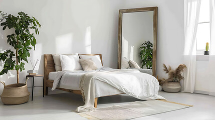 Modern bedroom featuring a large mirror and minimalist decor