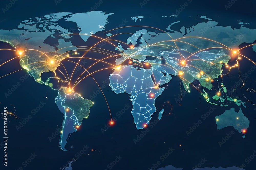 Poster illuminating global connections: a mesmerizing visualization of interconnectedness across continents