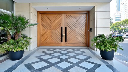 Fototapeta premium Elegant Modern Building Entrance with Wooden Doors and Geometric Tile
