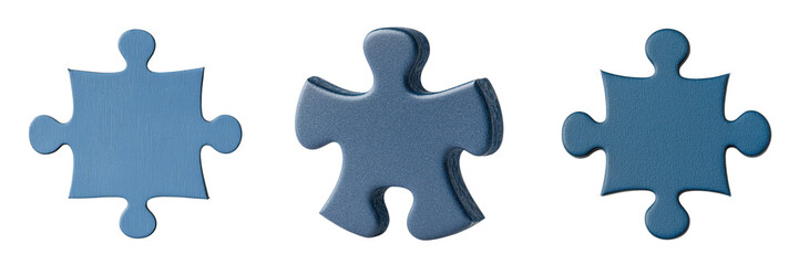Obraz premium Three interlocking puzzle pieces in varying sizes and shapes, each displayed in a distinct blue hue.