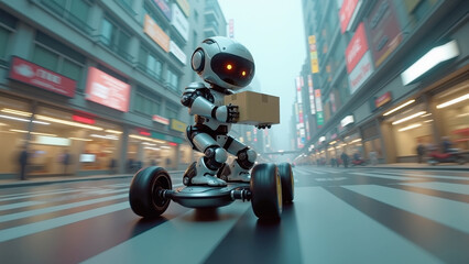 A glossy white delivery robot on a futuristic skateboard transports a parcel through a vibrant cityscape. The background features blurred motion blur, emphasizing speed innovation in urban delivery.