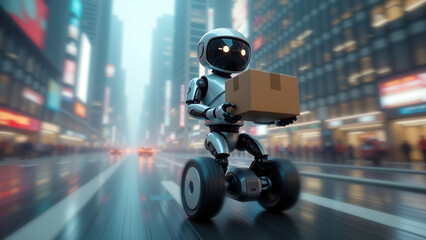 A sleek delivery robot with a glossy metallic design transports a parcel through a futuristic cityscape. The background features a blurred neon cityscape, emphasizing innovation in urban delivery.