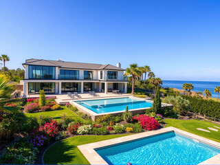 Fototapeta premium A spacious home featuring a swimming pool and a well-maintained lawn, surrounded by a serene outdoor environment.