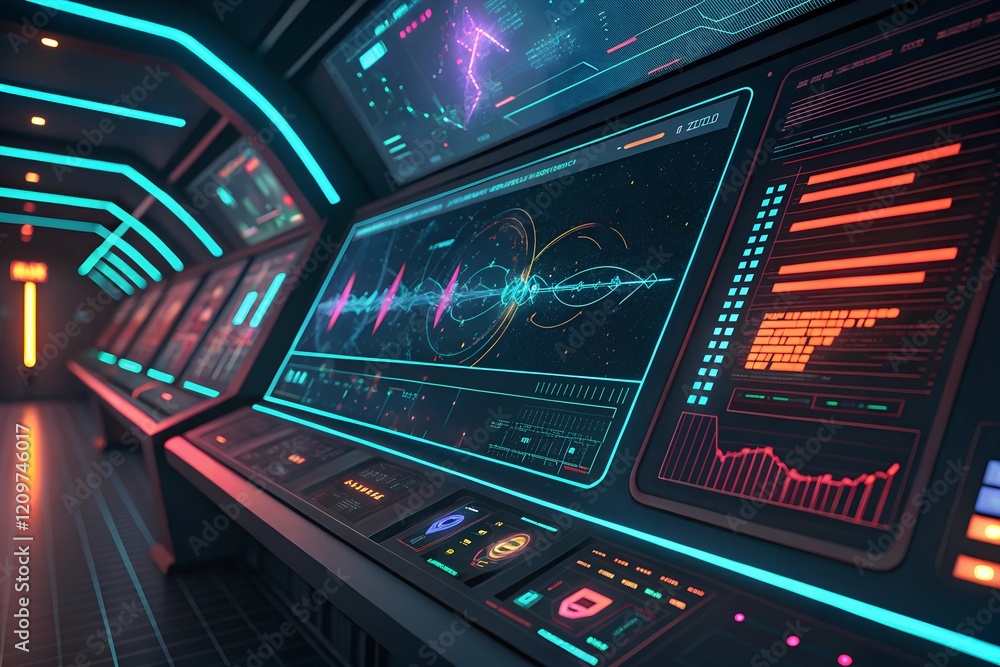 Poster neon-lit futuristic control panel. glowing displays show cosmic data streams, vibrant graphs and com