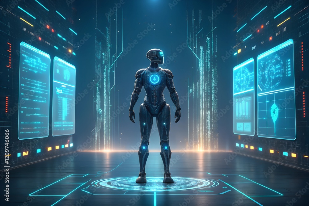 Aufkleber humanoid robot interacts with holographic ai interface; futuristic technology showcased.