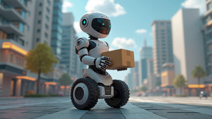 A glossy white delivery robot on wheels transports a parcel through a vibrant cityscape. The background features blurred motion blur, emphasizing speed and innovation in urban delivery.