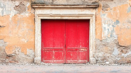 Rustic Red Double Door in a Weathered Old Building Exterior Wall