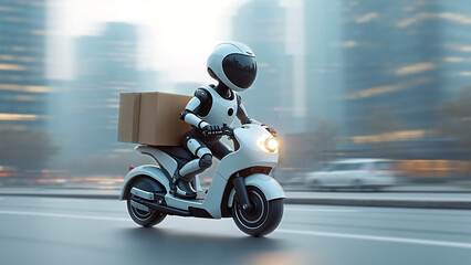 A sleek white robot riding a futuristic electric motorcycle, carrying a parcel on its back seat through a motion blurred urban cityscape, showcasing innovation in automated delivery technology.