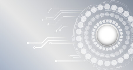 Digital communication, data protection, futuristic presentation, science cover. Abstract grey high tech background consisting of printed circuit board circles and other technological elements.