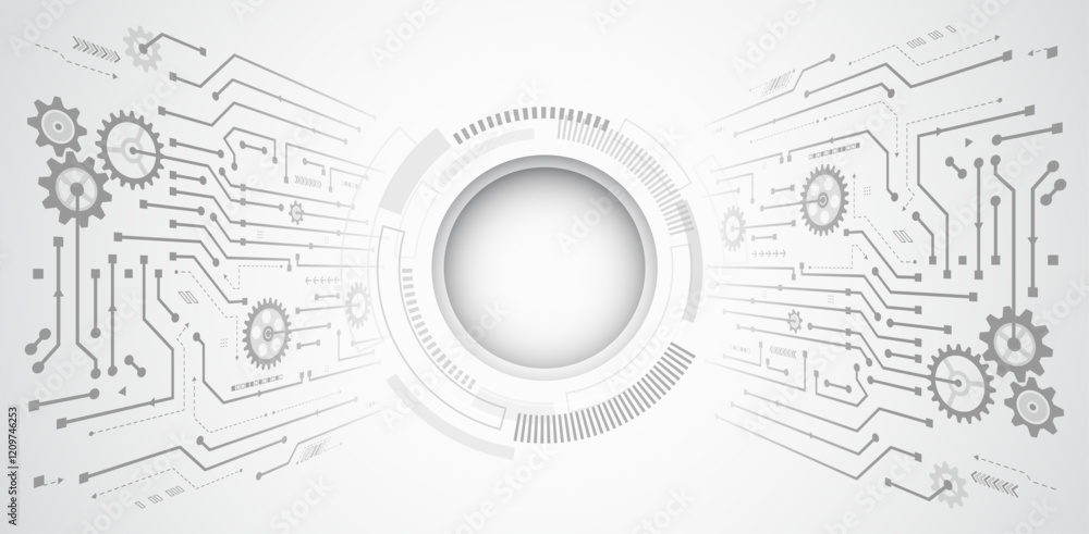 Poster Digital communication, data protection, futuristic presentation, science cover. Abstract grey high tech background consisting of printed circuit board circles and other technological elements.
