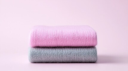Soft pink and grey sweaters stacked on pink background; ideal for fashion or retail websites