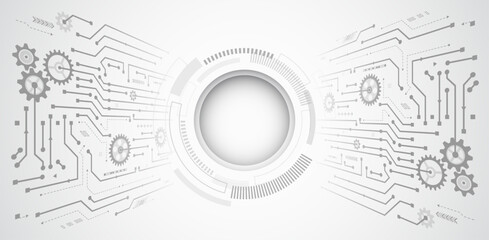 Obraz premium Digital communication, data protection, futuristic presentation, science cover. Abstract grey high tech background consisting of printed circuit board circles and other technological elements.
