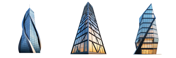 Three modern skyscrapers showcase unique architectural designs with sleek glass facades and angular shapes.