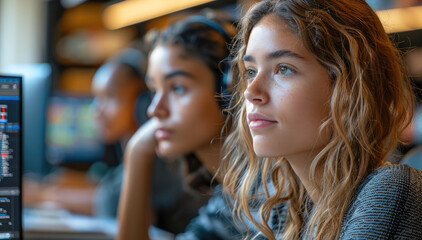A woman student is looking at a computer screen. she is focused on her work.
