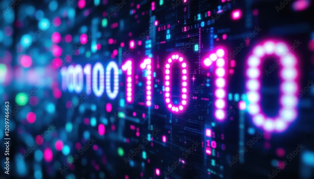 Aufkleber binary code with neon lights on digital screen