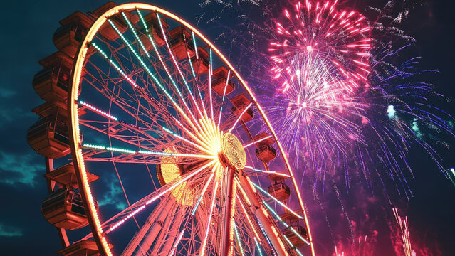 Illuminated Ferris Wheel With Vibrant Lights At Night