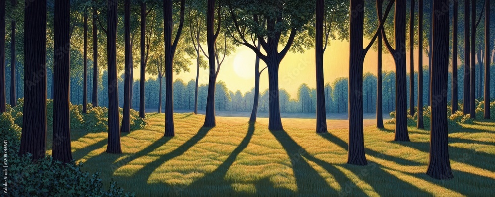 Poster a photorealistic image of a tranquil forest bathed in the warm glow of the setting sun, casting long