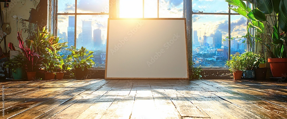 Poster blank canvas in sunlit loft with cityscape view.