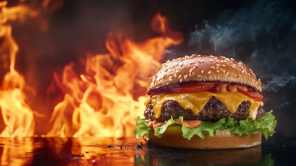 Spicy Cheeseburger with Flames and Smoke