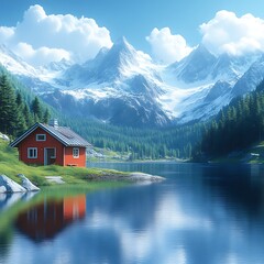 Fototapeta premium Red cabin by a tranquil mountain lake reflecting a stunning alpine landscape.