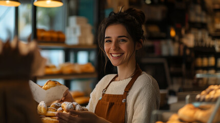 Smiling Baker Serving Pastries at Bakery