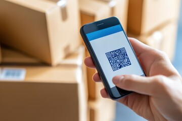 Person Scanning QR Code on Smartphone Next to Stacked Cardboard Boxes in Digital Environment