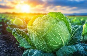 Fototapeta premium Large green cabbage thriving in a sunlit field at sunset in rural farmland