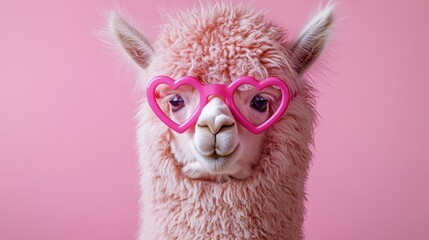 Fototapeta premium Cute lovely alpaca in heart-shaped glasses on the pink background, st.valentine's day concept