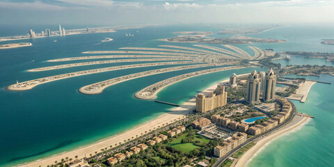 Fototapeta premium aerial view of beach, Aerial view of Dubai Palm Jumeirah island, United Arab Emirates