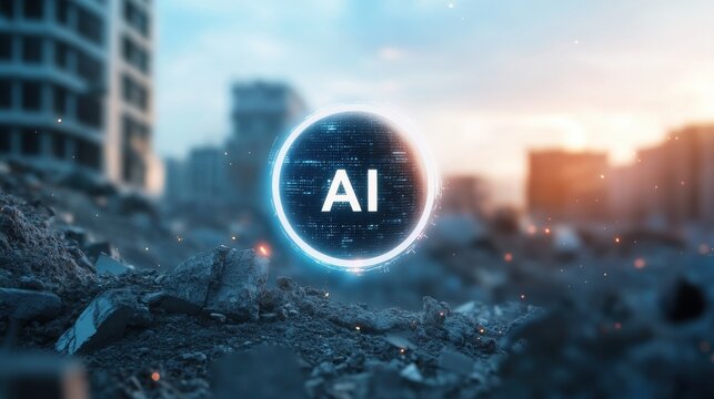 AI Innovations in a Blurred Urban Disaster Scene with White Circle Emblem