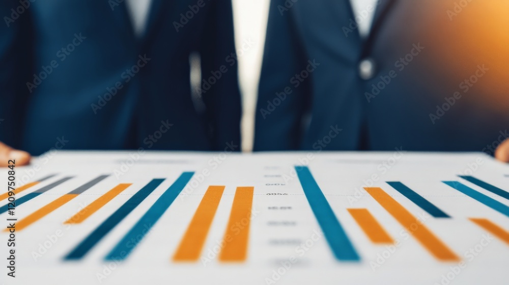 Poster analyzing business data: two business professionals present a bar chart showing key performance indi
